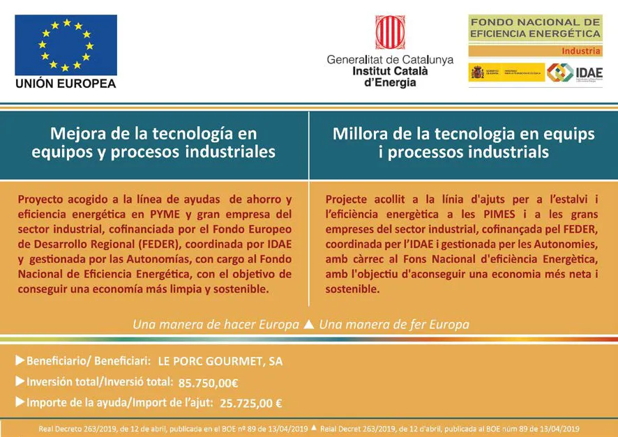 Proyecto Optimització i millora de la eficiència energètica de LE PORC GOURMET 