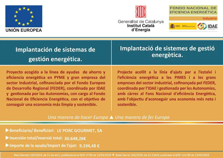 Proyecto Millora de l’eficiència energètica de la planta de le porc gourmet, SA., 